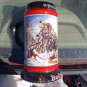 Budweiser Winter Scene Beer Stein with Red and Black Accents